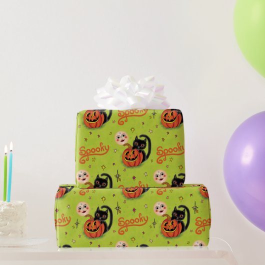 Retro Spooky Kitten Pumpkin Moons op Lime Green Cadeaupapier (Feestgeschenken)