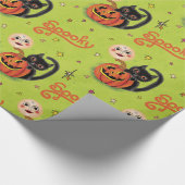 Retro Spooky Kitten Pumpkin Moons op Lime Green Cadeaupapier (Hoek)