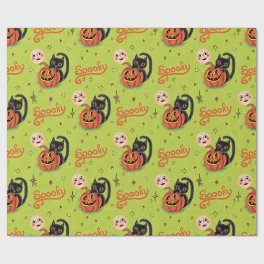 Retro Spooky Kitten Pumpkin Moons op Lime Green Cadeaupapier (Vlak)