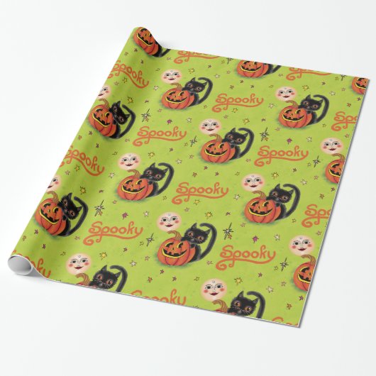 Retro Spooky Kitten Pumpkin Moons op Lime Green Cadeaupapier (Uitgerold)
