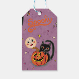 Retro Spooky Kitten Pumpkin Moons op Paarse Cadeaulabel