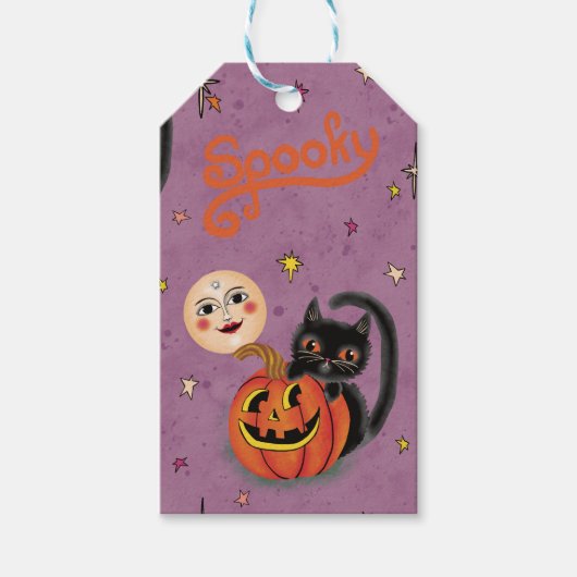Retro Spooky Kitten Pumpkin Moons op Paarse Cadeaulabel (Voorkant)