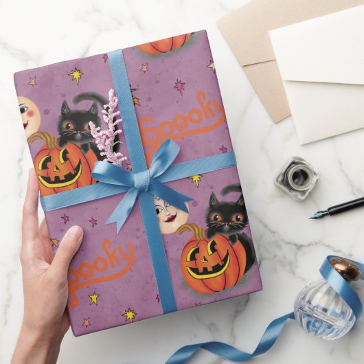 Retro Spooky Kitten Pumpkin Moons op Paarse Cadeaupapier (Geschenken)