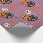 Retro Spooky Kitten Pumpkin Moons op Paarse Cadeaupapier (Hoek)