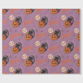 Retro Spooky Kitten Pumpkin Moons op Paarse Cadeaupapier (Vlak)