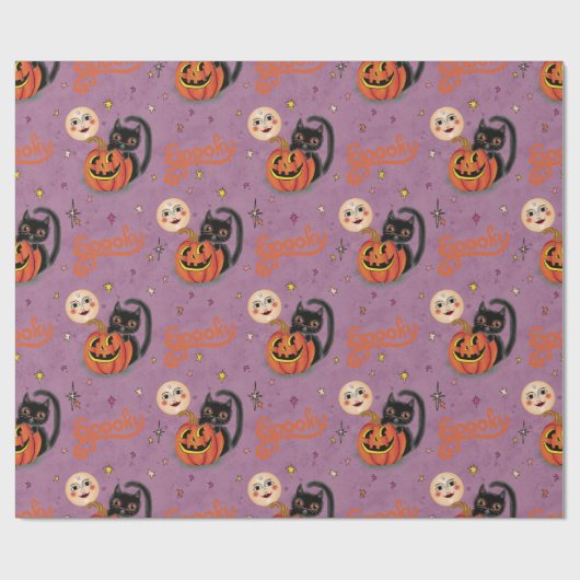 Retro Spooky Kitten Pumpkin Moons op Paarse Cadeaupapier (Vlak)
