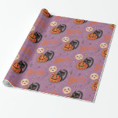 Retro Spooky Kitten Pumpkin Moons op Paarse Cadeaupapier (Uitgerold)