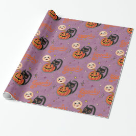 Retro Spooky Kitten Pumpkin Moons op Paarse Cadeaupapier