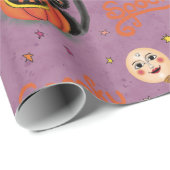 Retro Spooky Kitten Pumpkin Moons op Paarse Cadeaupapier (Rol Hoek)