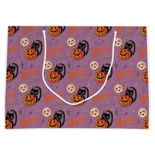 Retro Spooky Kitten Pumpkin Moons op Paarse Groot Cadeauzakje (Voorkant)