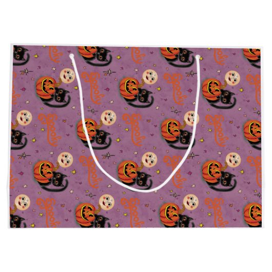 Retro Spooky Kitten Pumpkin Moons op Paarse Groot Cadeauzakje (Achterkant)