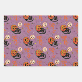 Retro Spooky Kitten Pumpkin Moons op Paarse Inpakpapier Vel