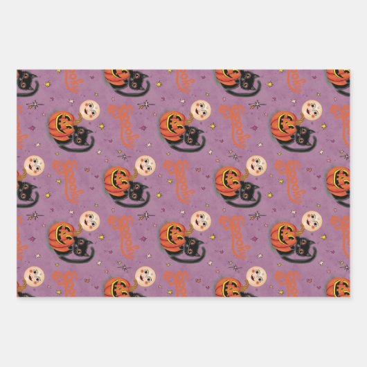 Retro Spooky Kitten Pumpkin Moons op Paarse Inpakpapier Vel (Voorkant)