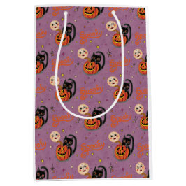 Retro Spooky Kitten Pumpkin Moons op Paarse Medium Cadeauzakje