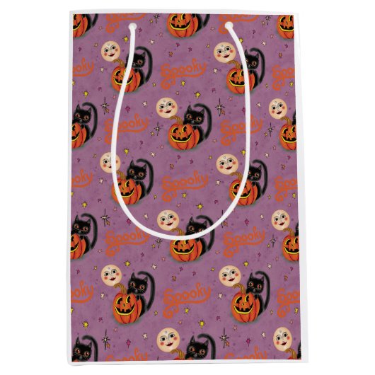 Retro Spooky Kitten Pumpkin Moons op Paarse Medium Cadeauzakje (Voorkant)