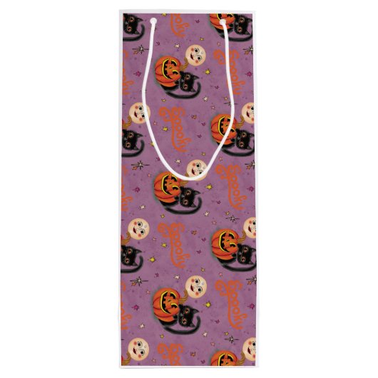 Retro Spooky Kitten Pumpkin Moons op Paarse Wijn Cadeautas (Achterkant)