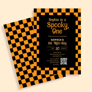 Retro Spooky One Checkered Orange 1st Birthday Kaart