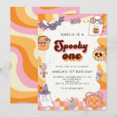 Retro Spooky One Pink Halloween 1e verjaardag Kaart (Voorkant / Achterkant)