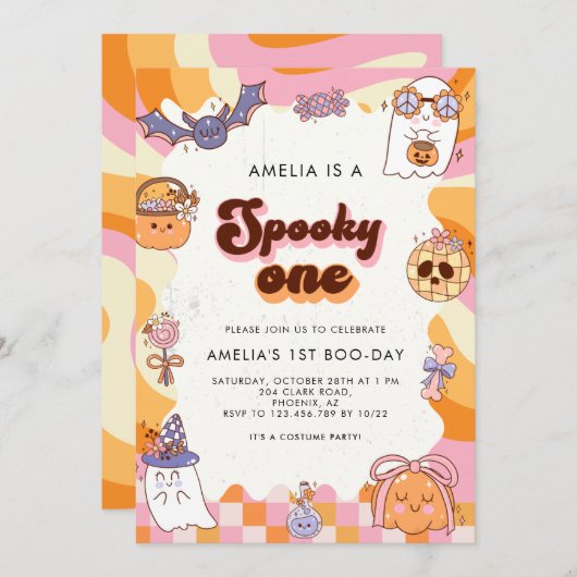 Retro Spooky One Pink Halloween 1e verjaardag Kaart (Voorkant / Achterkant)