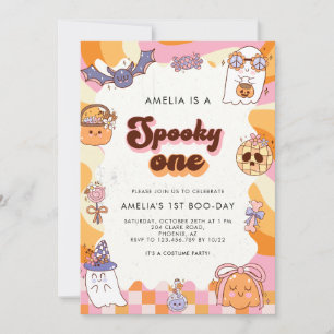 Retro Spooky One Pink Halloween 1e verjaardag Kaart