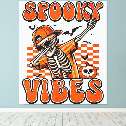 Retro Spooky Vibes Dabbing Skeleton Halloween Canvas Afdruk (Insitu (Houten vloer))