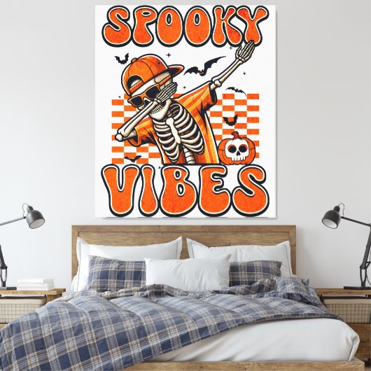 Retro Spooky Vibes Dabbing Skeleton Halloween Canvas Afdruk (Insitu (Slaapkamer))