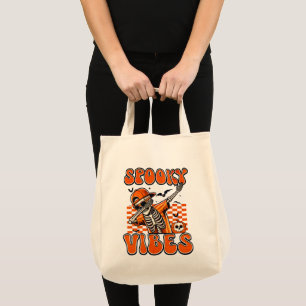 Retro Spooky Vibes Dabbing Skeleton Halloween Tote Bag