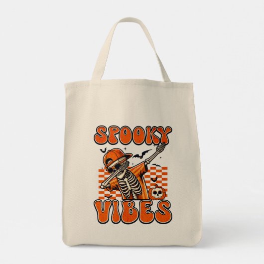 Retro Spooky Vibes Dabbing Skeleton Halloween Tote Bag (Achterkant)