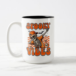Retro Spooky Vibes Dabbing Skeleton Halloween Tweekleurige Koffiemok