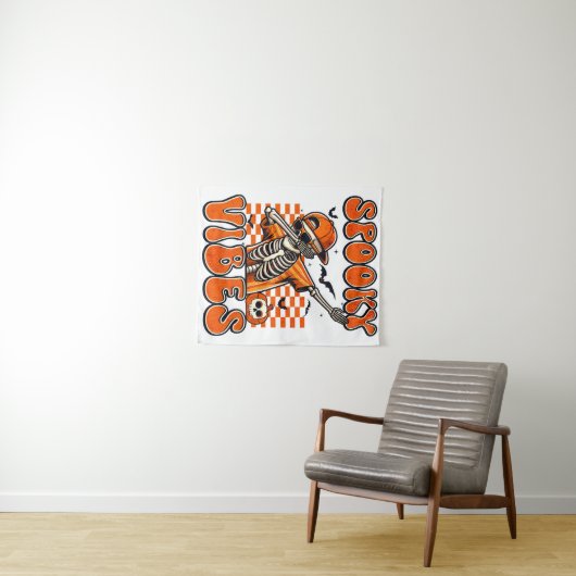 Retro Spooky Vibes Dabbing Skeleton Halloween Wandkleed (In Situ (horizontaal))