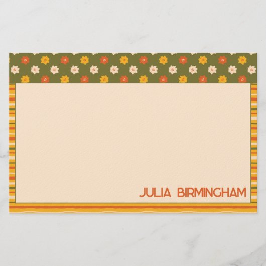 Retro Spring Hand Drawn Floral Striped Horizontal Briefpapier (Voorkant)