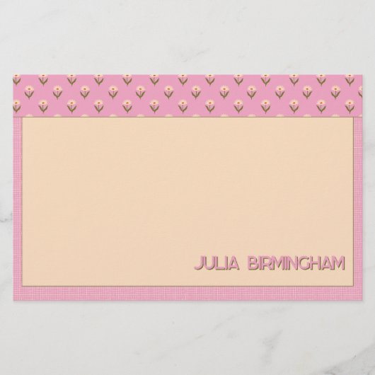 Retro Spring Hand Drawn Pink Floral and Grid Briefpapier (Voorkant)