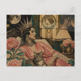 Retro Sprookjeskoningin en Haar Kat in Bed Briefkaart