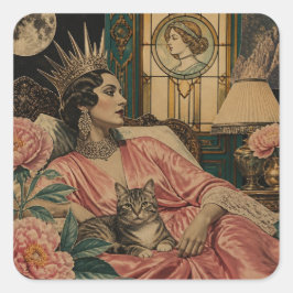 Retro Sprookjeskoningin en Haar Kat in Bed Vierkante Sticker