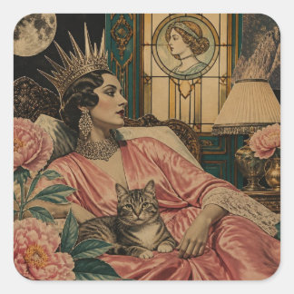 Retro Sprookjeskoningin en Haar Kat in Bed Vierkante Sticker