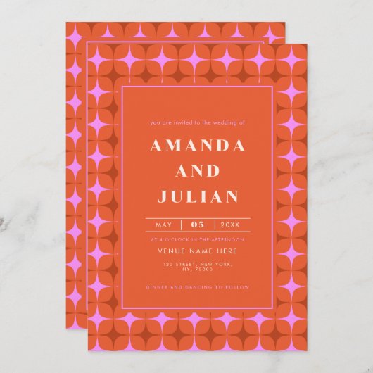 Retro Square Mid Century Modern All-in-One Weddens Kaart (Voorkant / Achterkant)