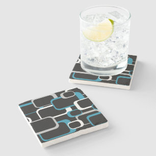 Retro Squares Blue Grey White Pattern Black Stenen Onderzetter