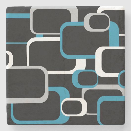 Retro Squares Blue Grey White Pattern Black Stenen Onderzetter (Voorkant)