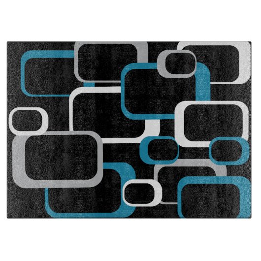 Retro Squares Blue White Grey Pattern Black Snijplank (Voorkant)