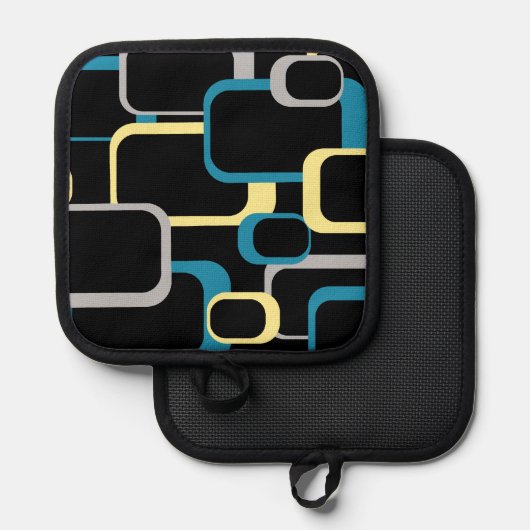 Retro Squares Blue Yellow Grey Black Background Pannenlap (Voorkant / Achterkant)