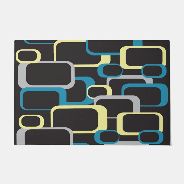 Retro Squares Blue Yellow Grey Pattern Deurmat (Voorkant)