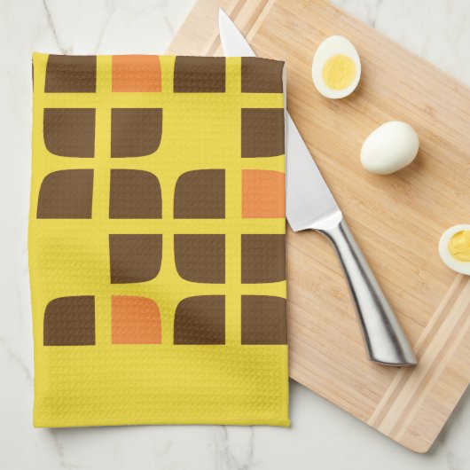 Retro Squares Geel Bruin Aangepaste familienaam Theedoek (Quarter Fold)