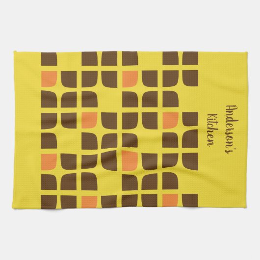 Retro Squares Geel Bruin Aangepaste familienaam Theedoek (Horizontaal)