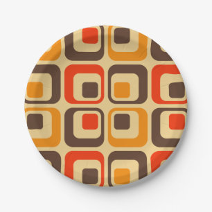 Retro Squares Patroon - Rood, bruin en Oranje Papieren Bordje