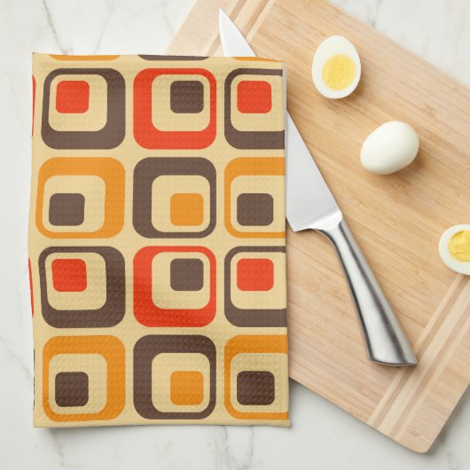 Retro Squares Patroon - Rood, bruin en Oranje Theedoek (Quarter Fold)