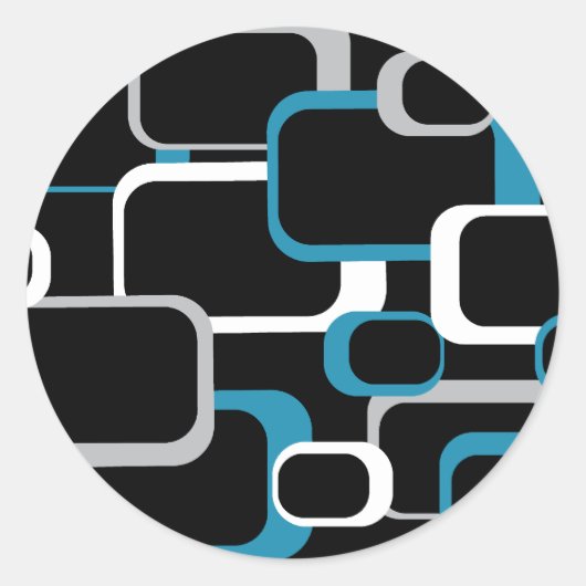 Retro Squares Pattern Blue Grey White Black Ronde Sticker (Voorkant)
