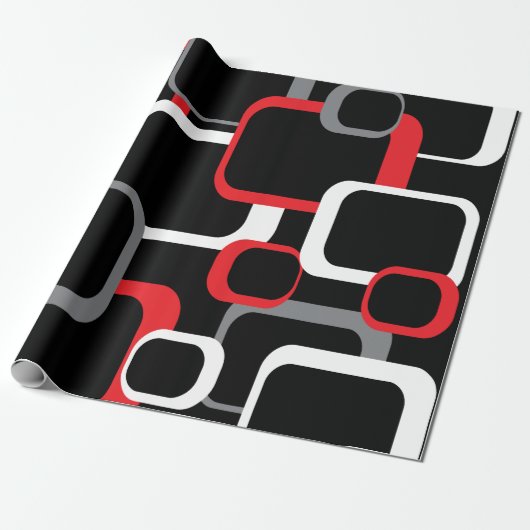 Retro Squares Pattern Red Black White Grey Cadeaupapier (Uitgerold)