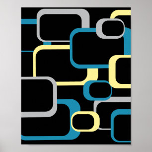 Retro Squares Pattern Yellow Blue Grey Black Poster