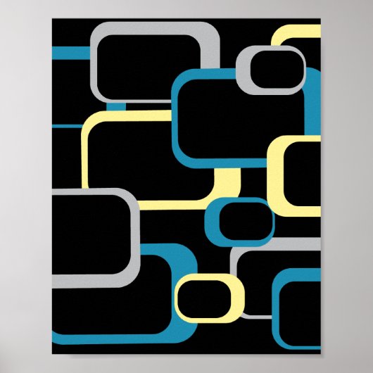 Retro Squares Pattern Yellow Blue Grey Black Poster (Voorkant)