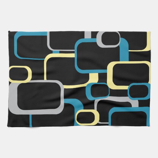 Retro Squares Pattern Yellow Blue Grey Black Theedoek (Horizontaal)